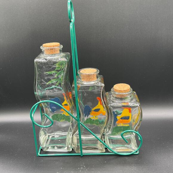 Vintage Hand Painted Rooster Jars with Corks and Carrier - Picture 2 of 9